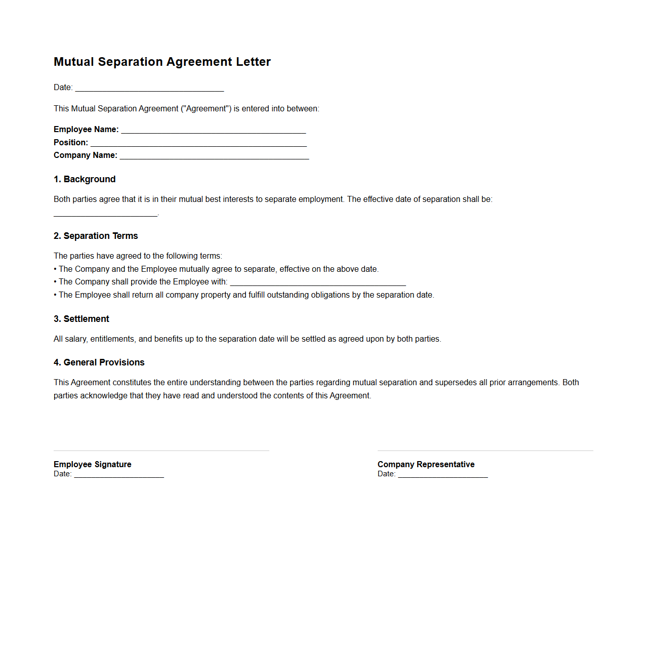 Mutual Separation Agreement Letter