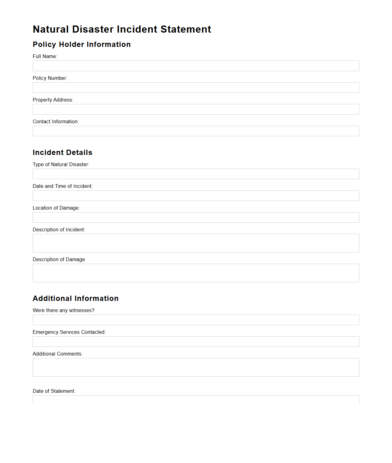 Natural Disaster Incident Statement for Home Insurance Claims