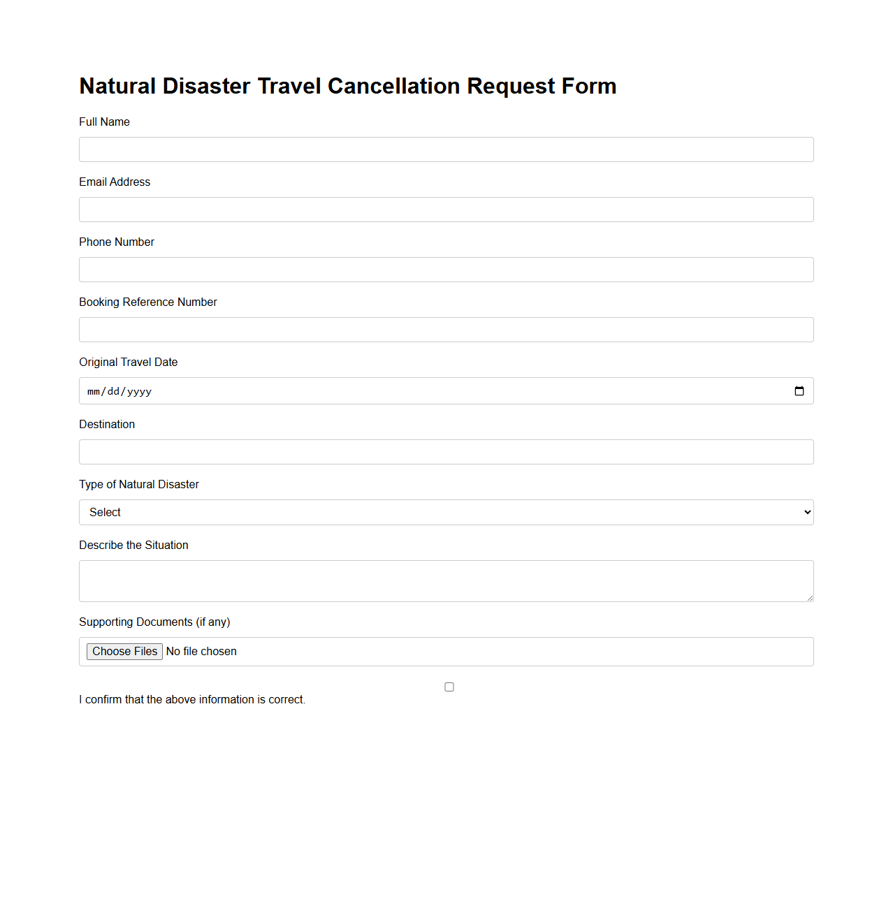 Natural Disaster Travel Cancellation Request Form