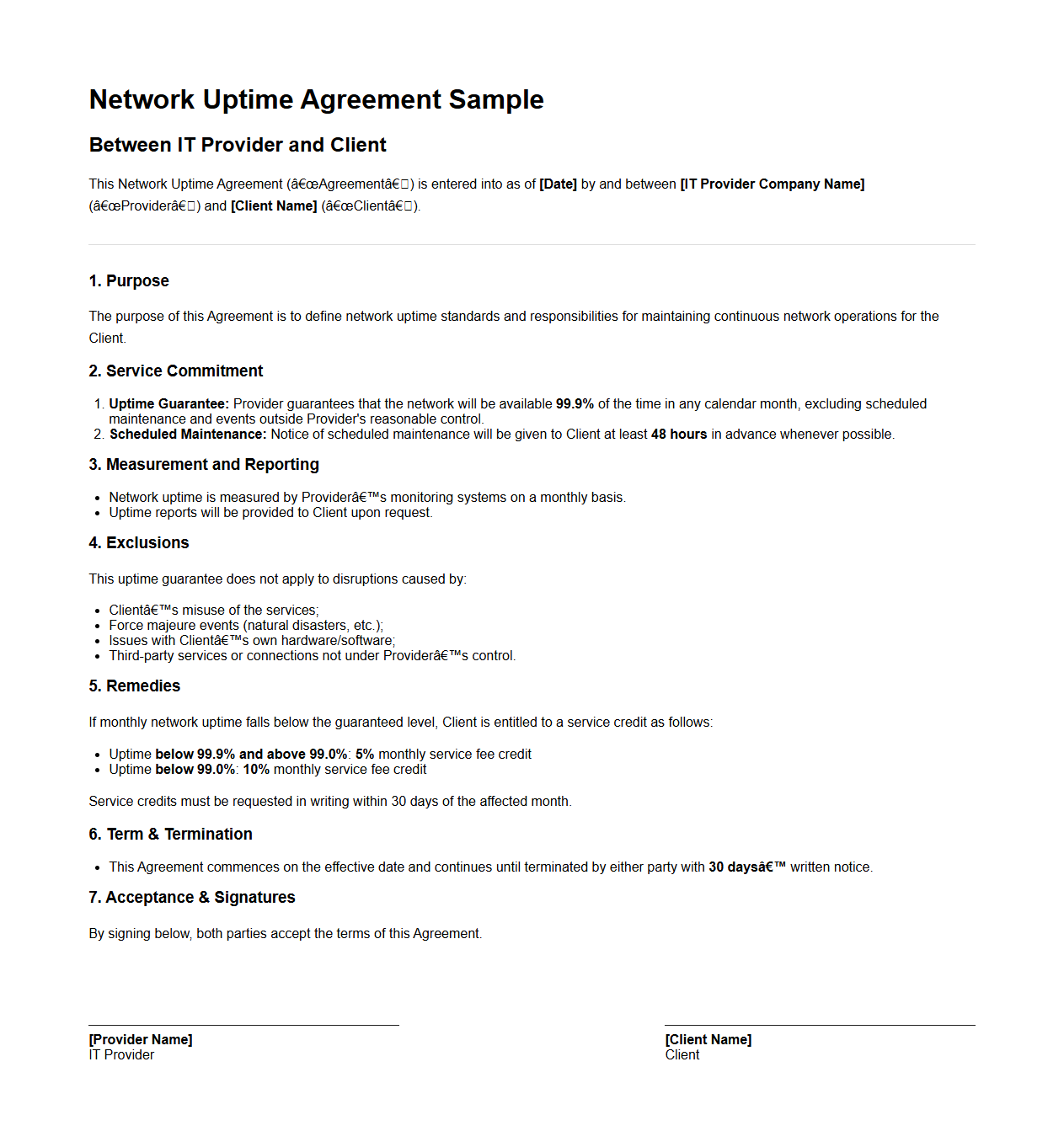 Network Uptime Agreement Sample for IT Providers