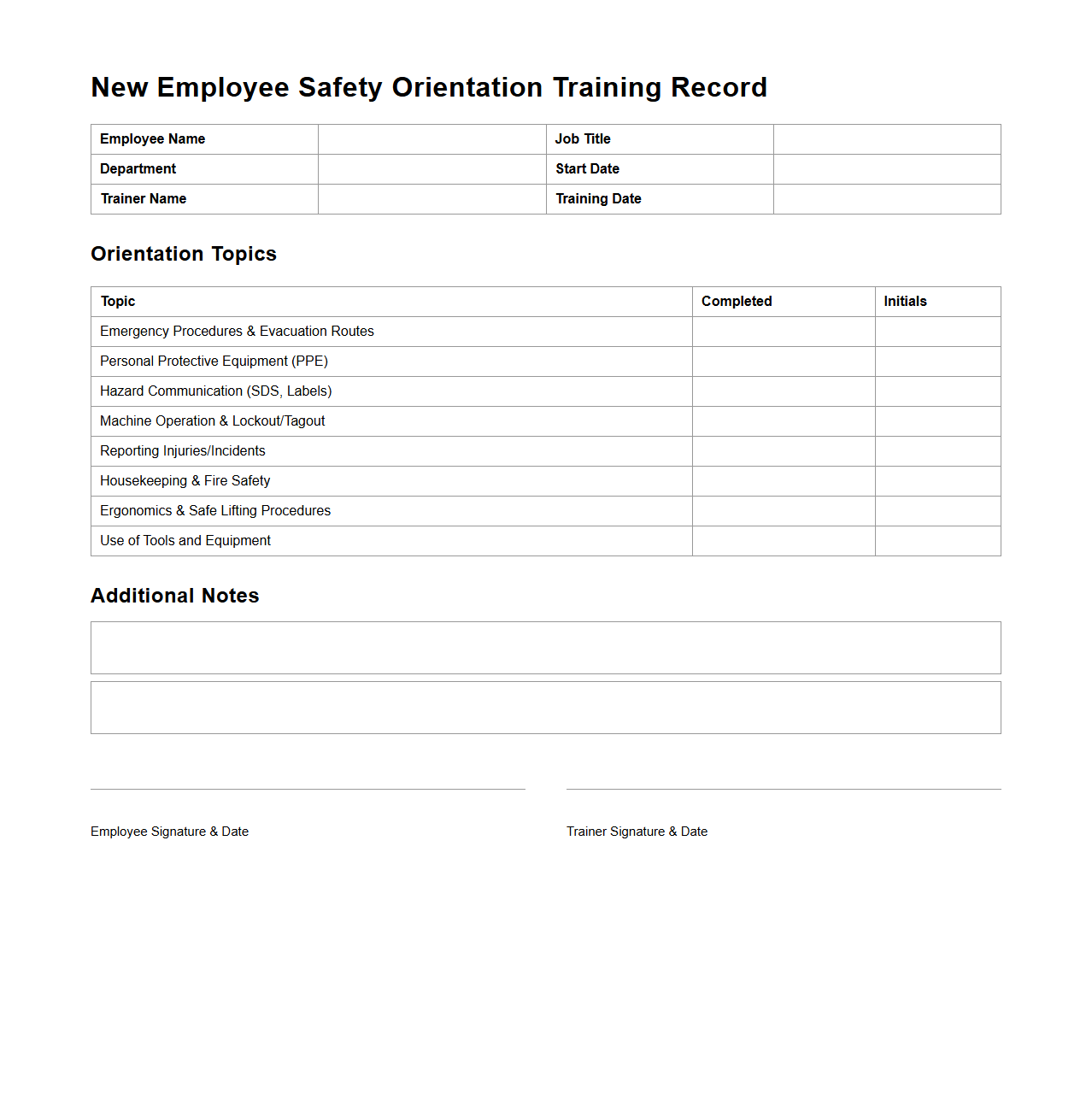 New Employee Safety Orientation Training Record for Manufacturing