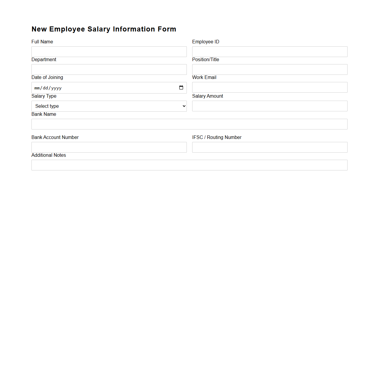 New Employee Salary Information Form