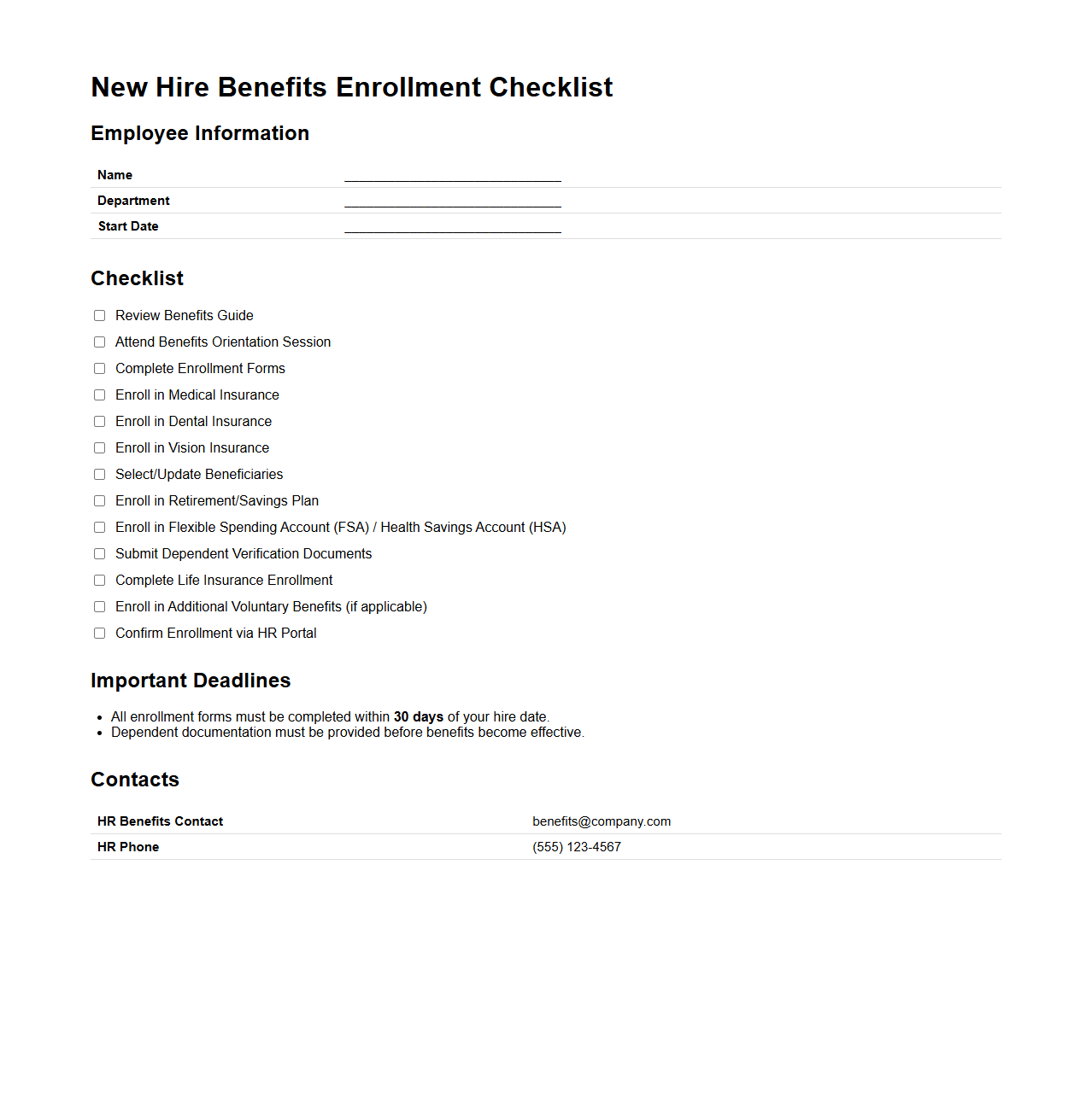 New Hire Benefits Enrollment Checklist Document
