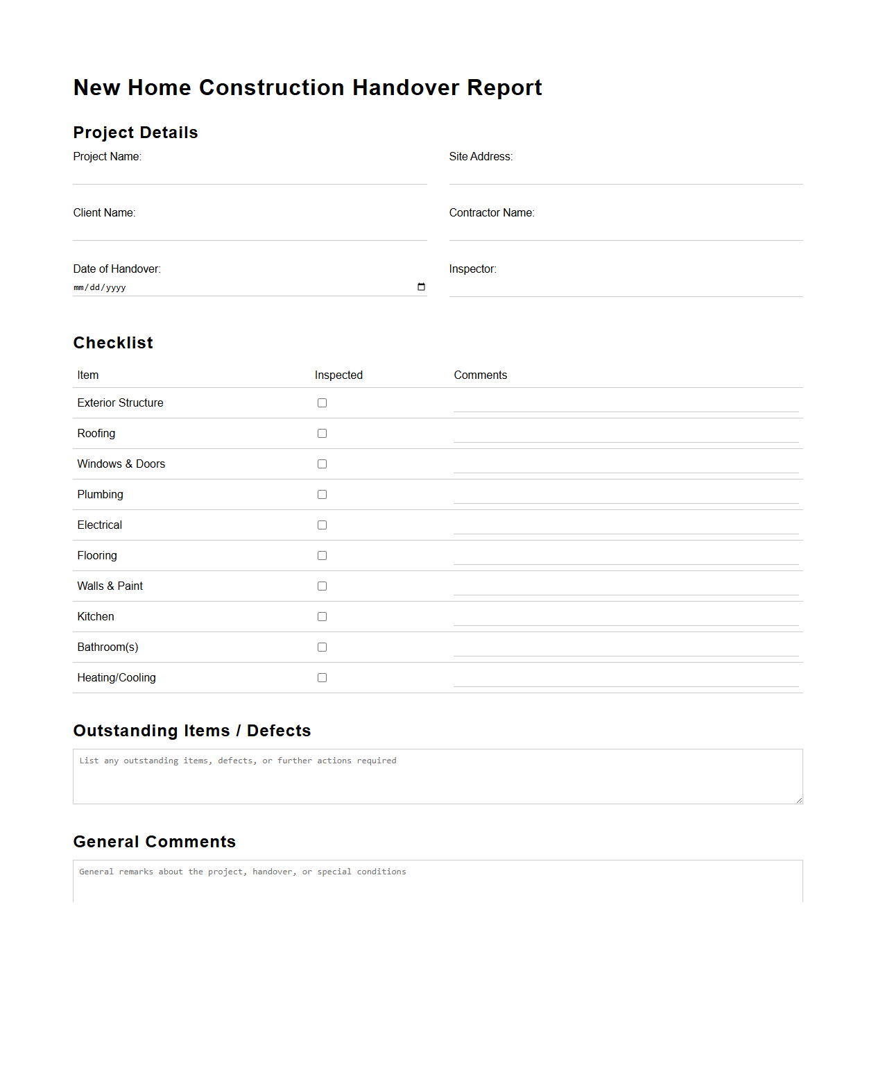 New Home Construction Handover Report