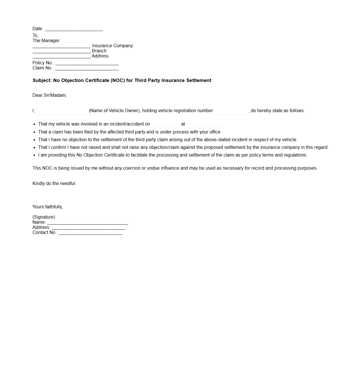 NOC Draft for Third Party Insurance Settlement