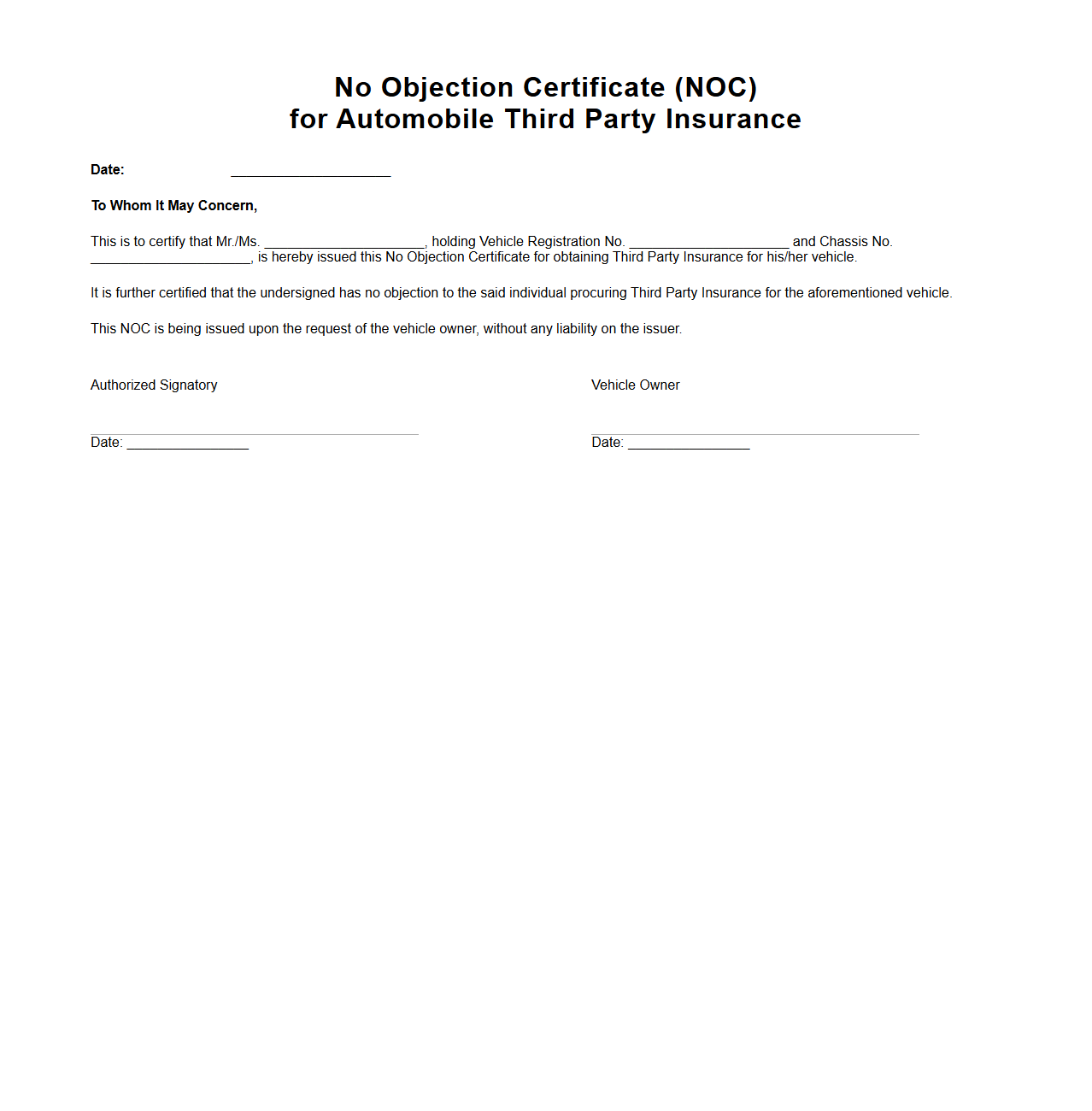 NOC Template for Automobile Third Party Insurance