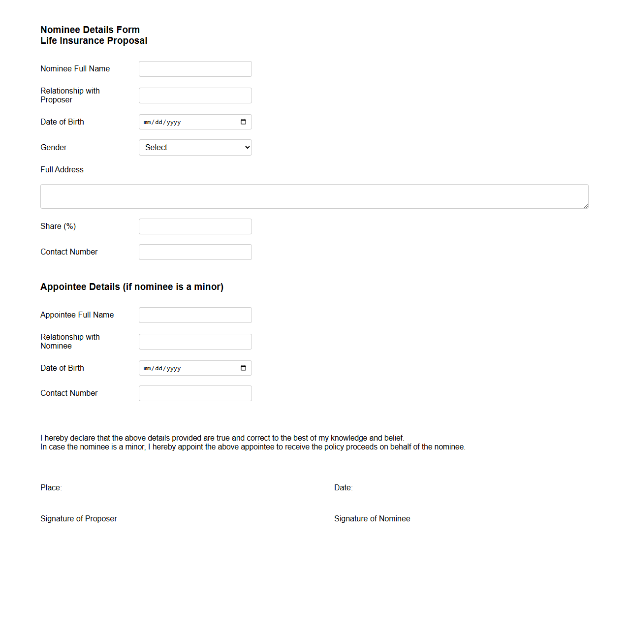 Nominee Details Form for Life Insurance Proposal