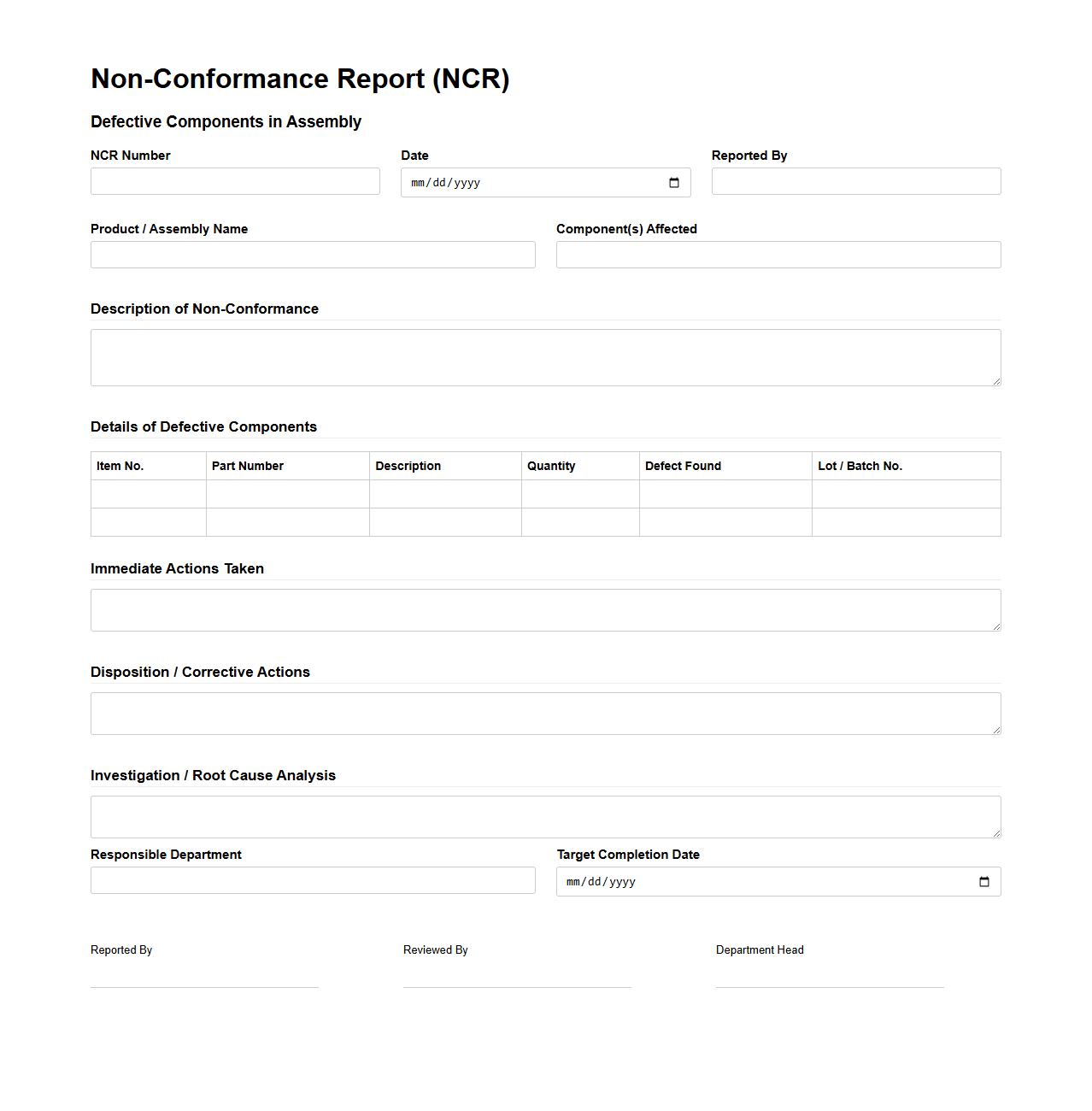 Non-Conformance Report for Defective Components in Assembly