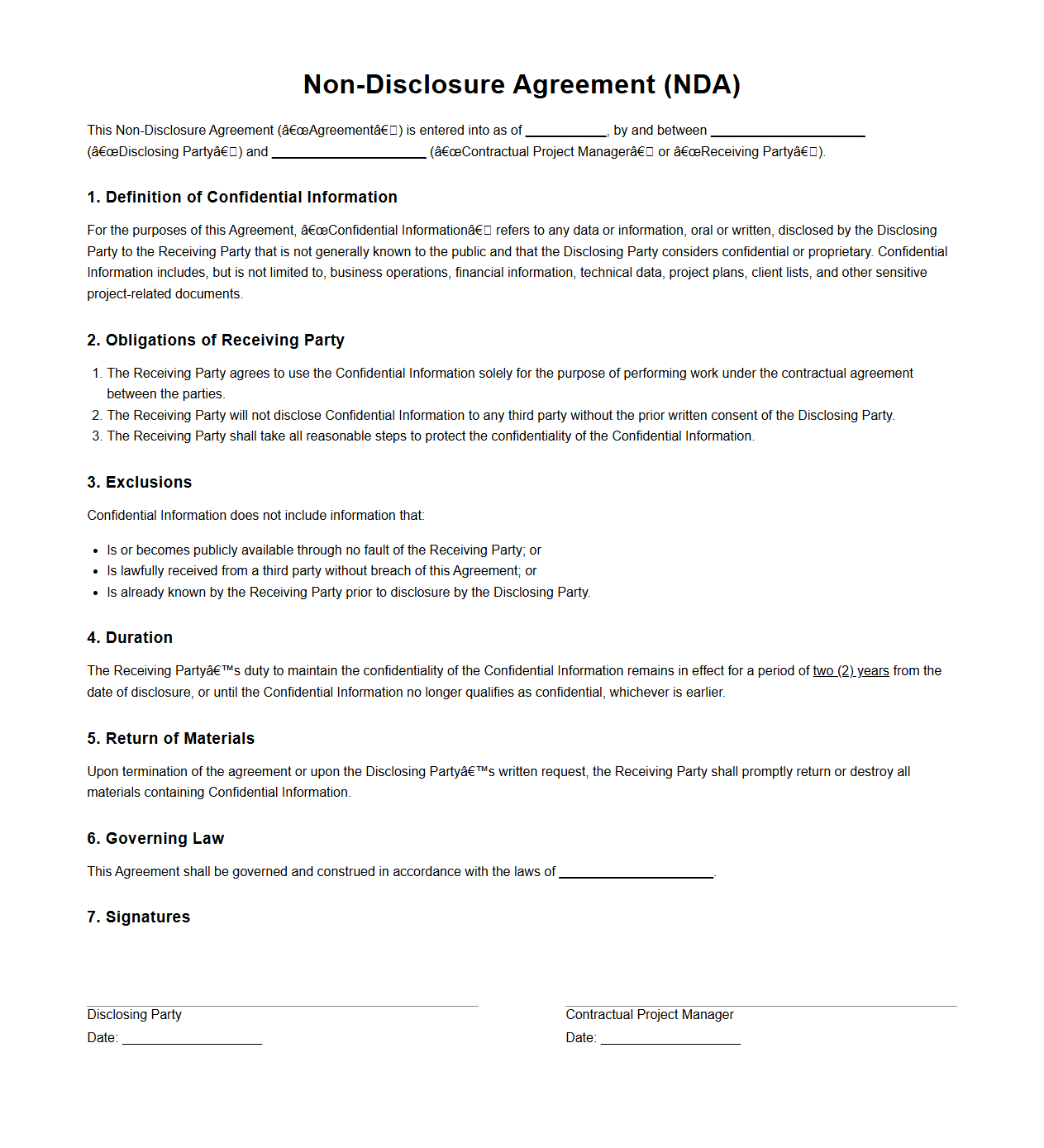 Non-Disclosure Agreement for Contractual Project Managers
