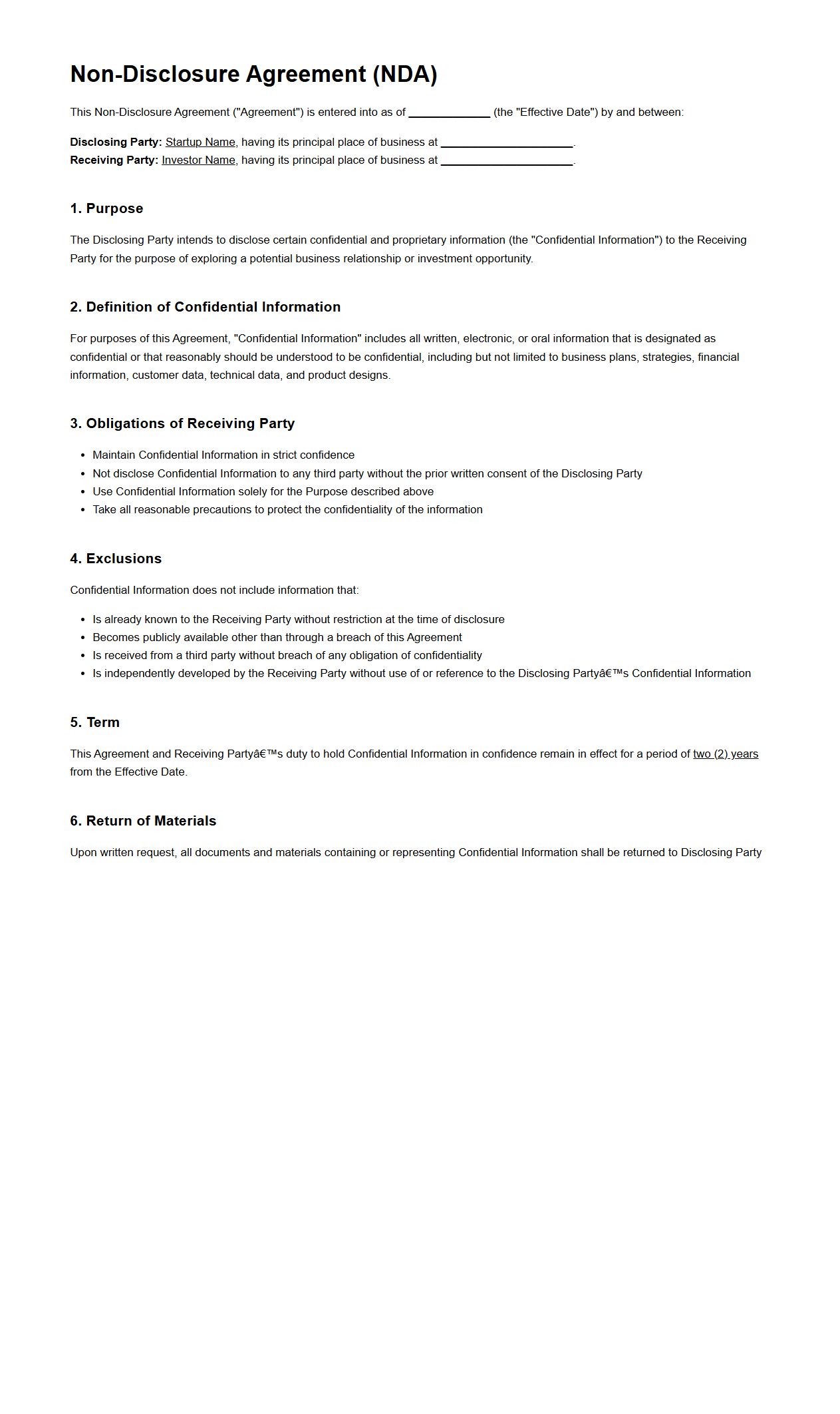 Non-Disclosure Agreement for Startups and Investors