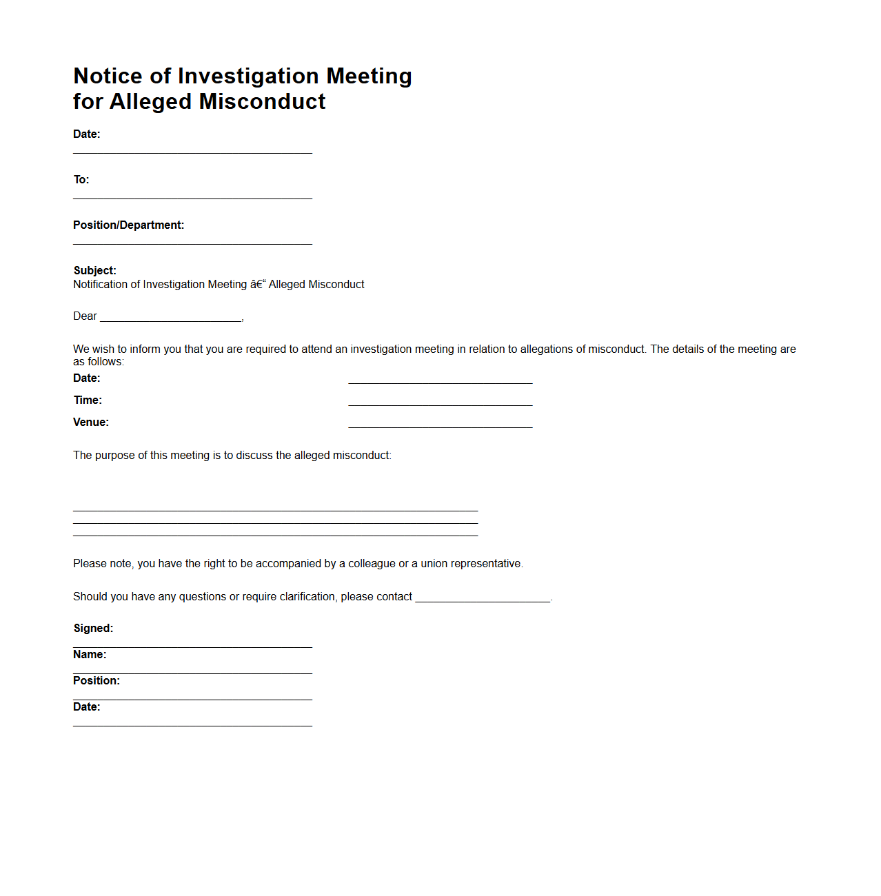 Notice of Investigation Meeting for Alleged Misconduct