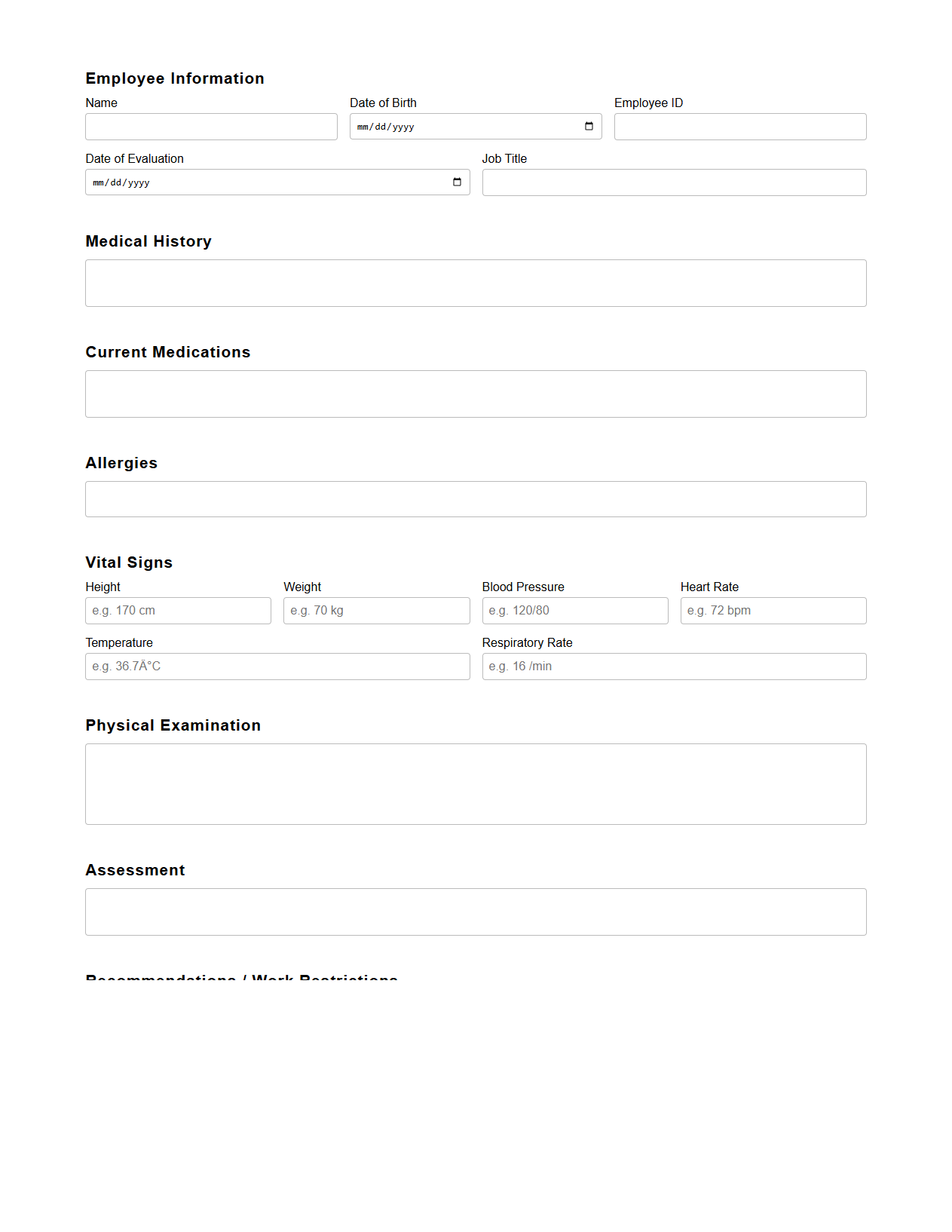 Occupational Medicine Physical Evaluation Template