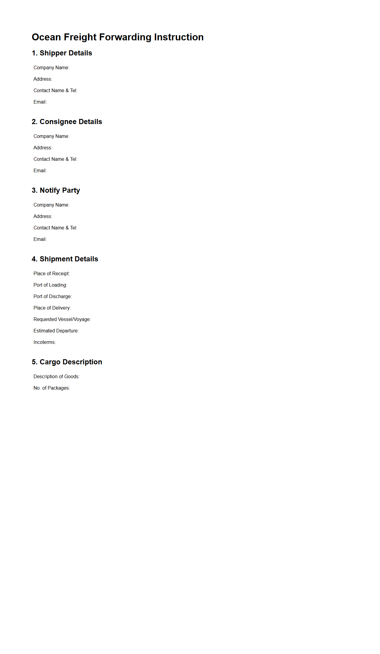 Ocean Freight Forwarding Instruction Template for Multimodal Shipments