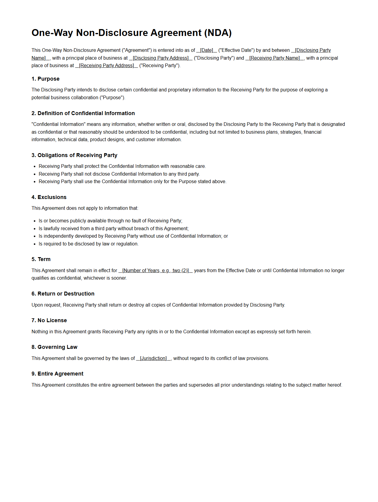 One-Way Non-Disclosure Agreement for Business Collaborations