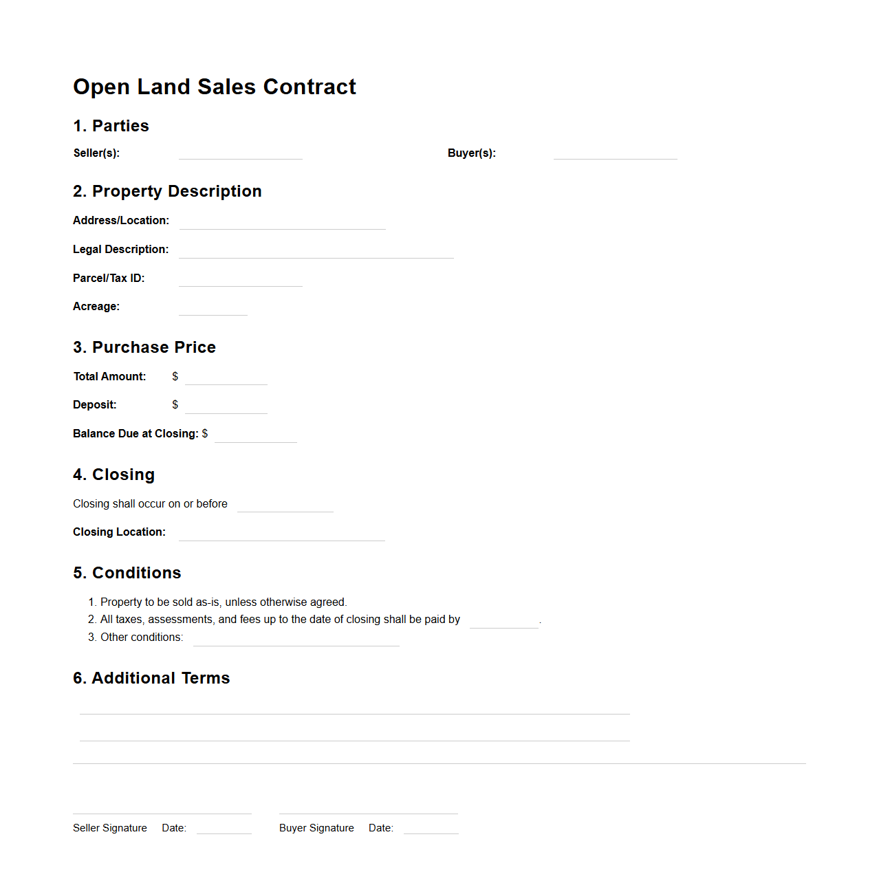 Open Land Sales Contract Template