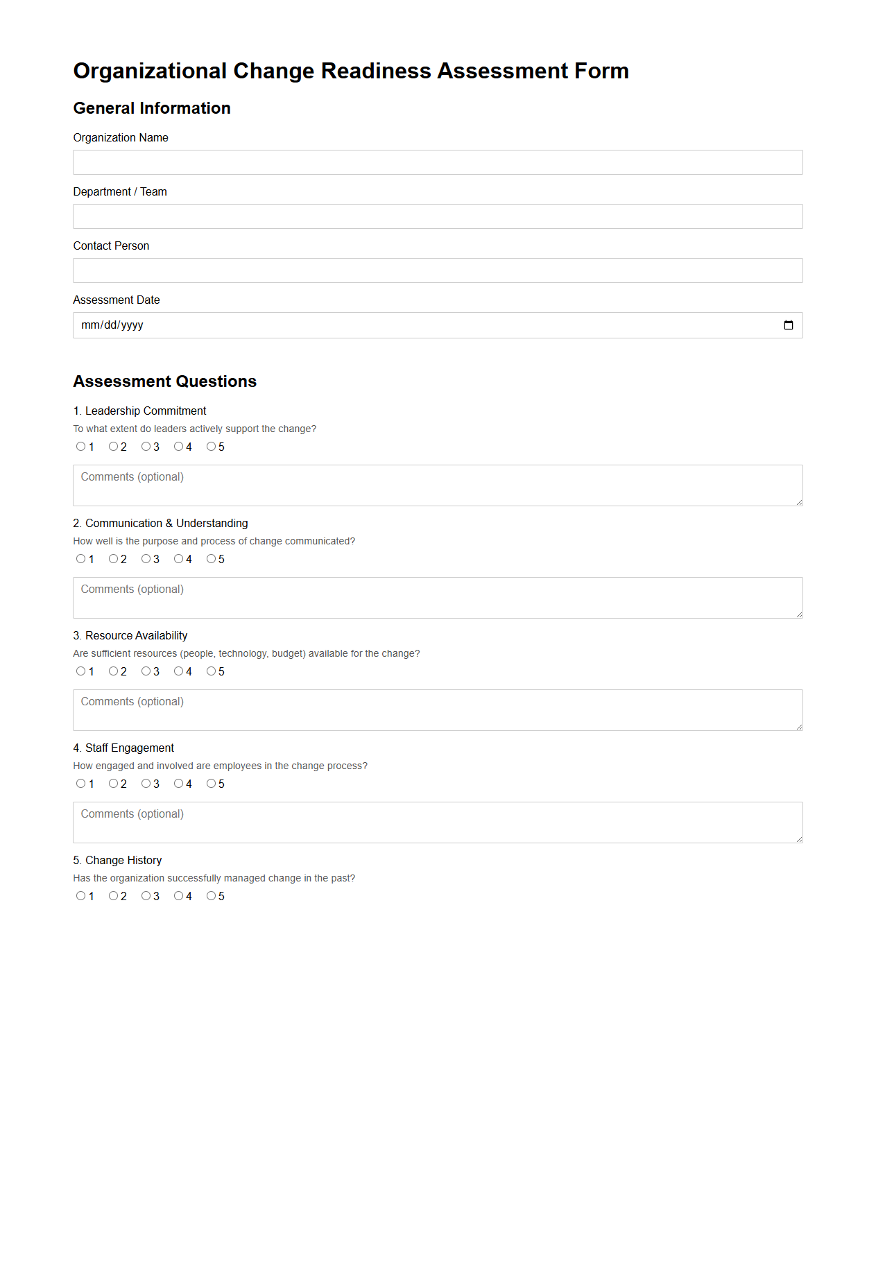 Organizational Change Readiness Assessment Form