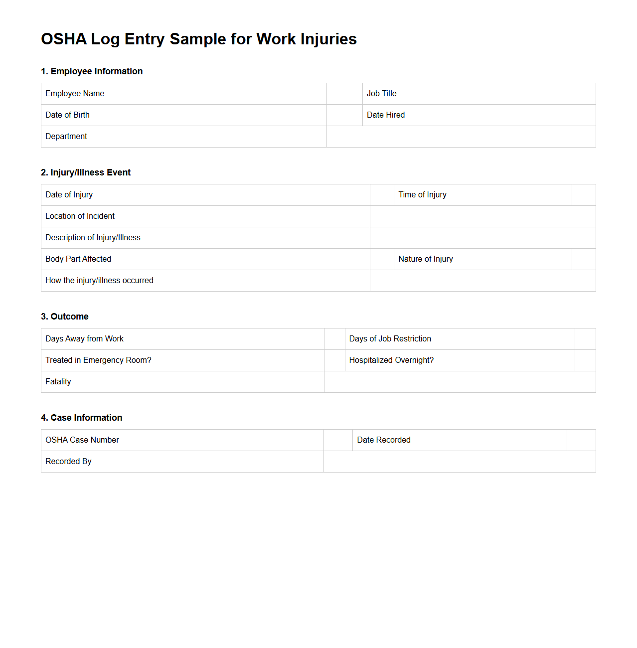 OSHA Log Entry Sample for Work Injuries