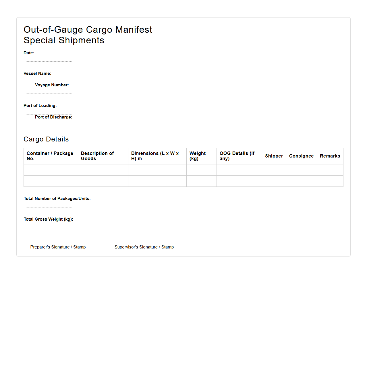 Out-of-Gauge Cargo Manifest Format for Special Shipments