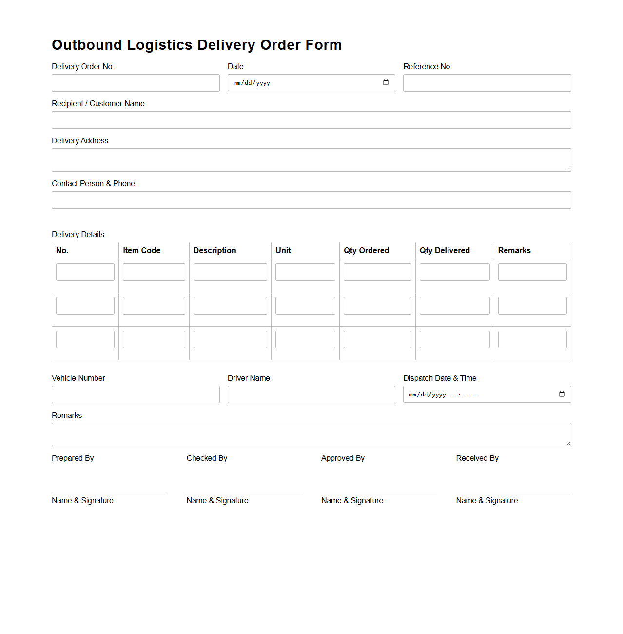 Outbound Logistics Delivery Order Form Sample for Distribution