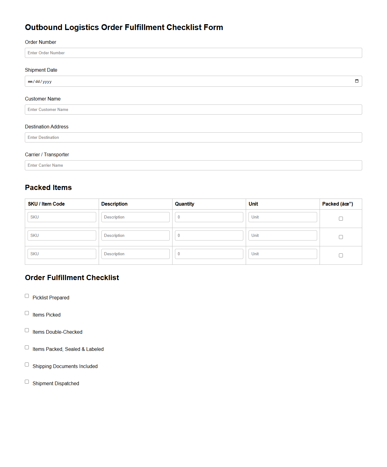 Outbound Logistics Order Fulfillment Checklist Form for Shipment Processing