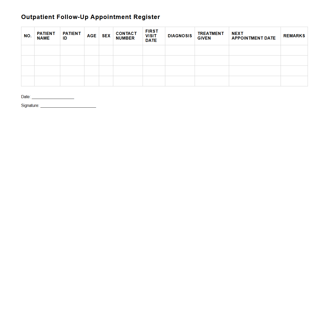 Outpatient Follow-Up Appointment Register