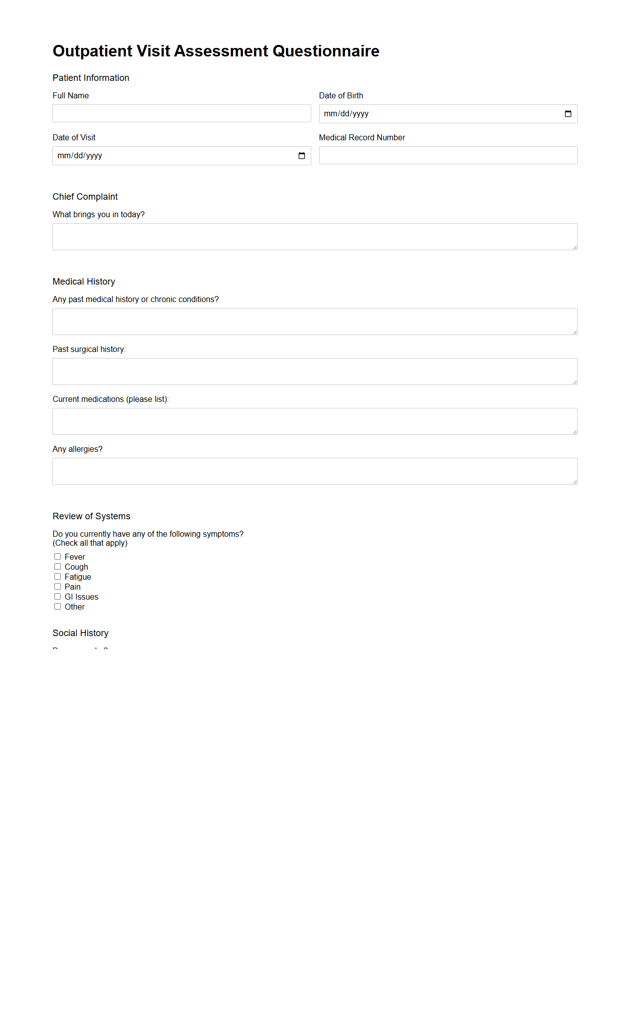 Outpatient Visit Assessment Questionnaire Sample