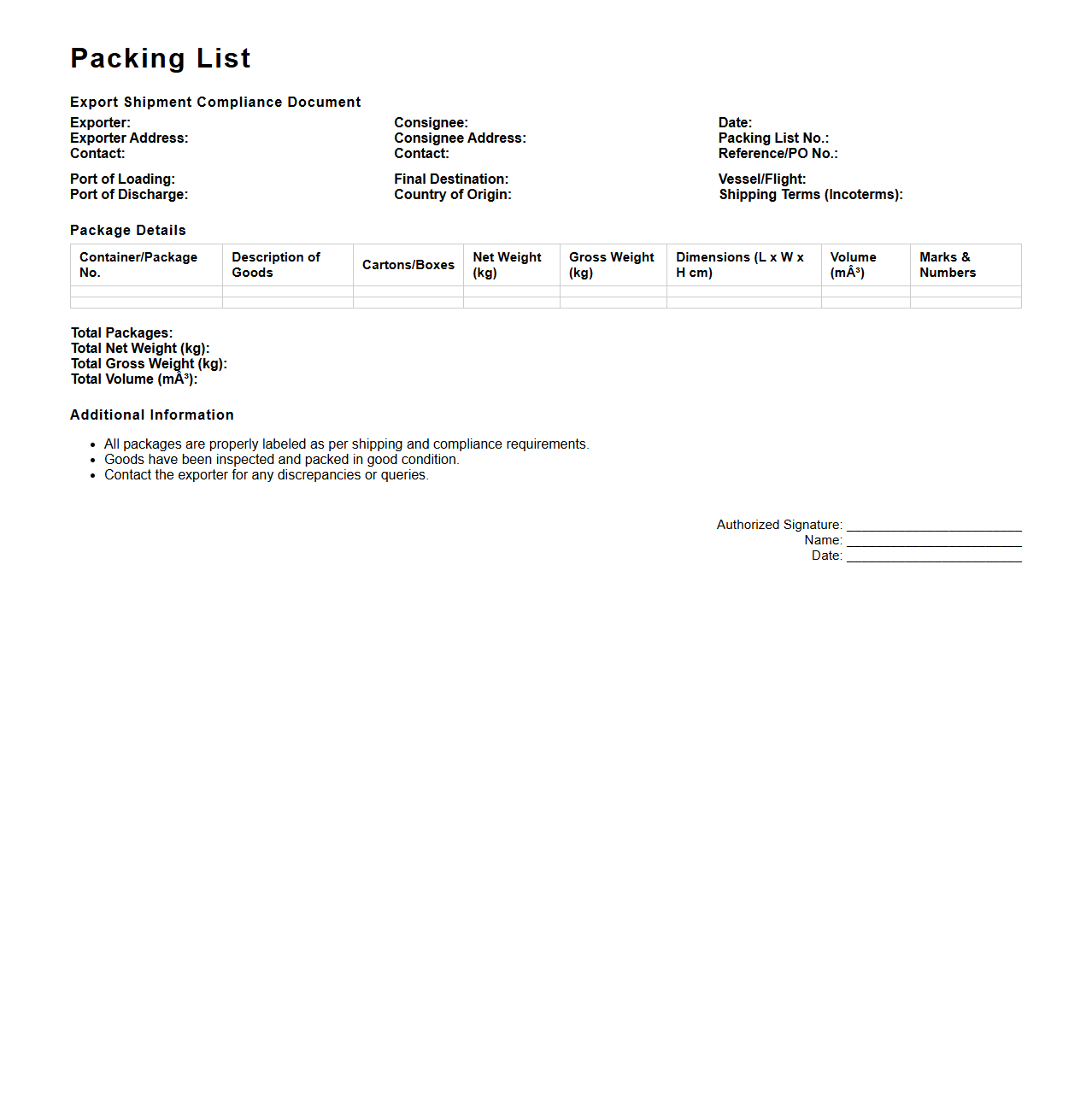 Packing List Document for Export Shipments Compliance