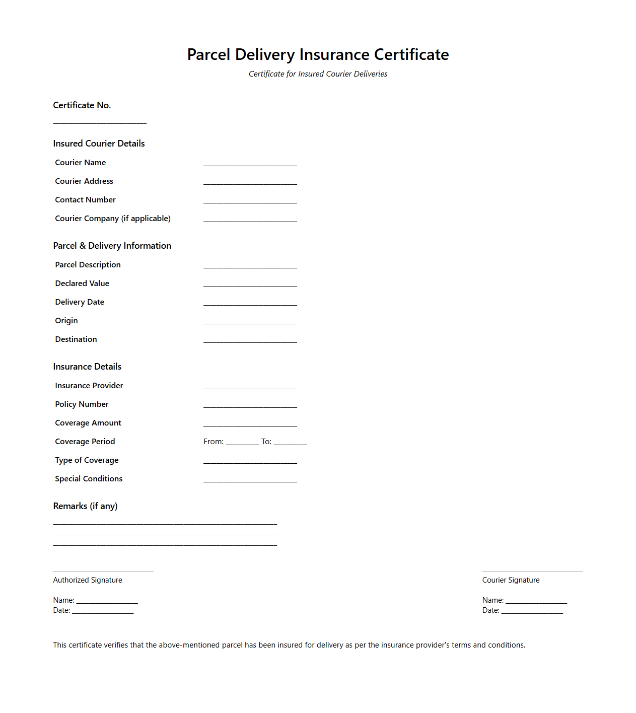 Parcel Delivery Insurance Certificate Sample for Couriers