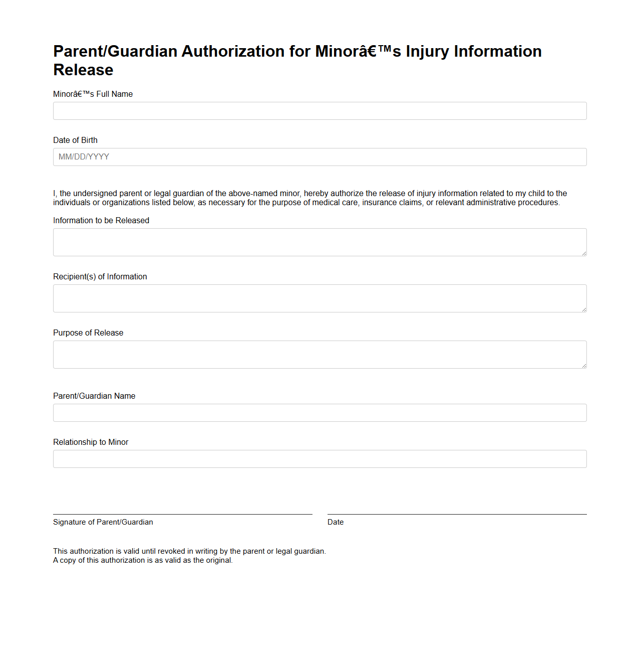 Parent/Guardian Authorization for Minor’s Injury Information Release