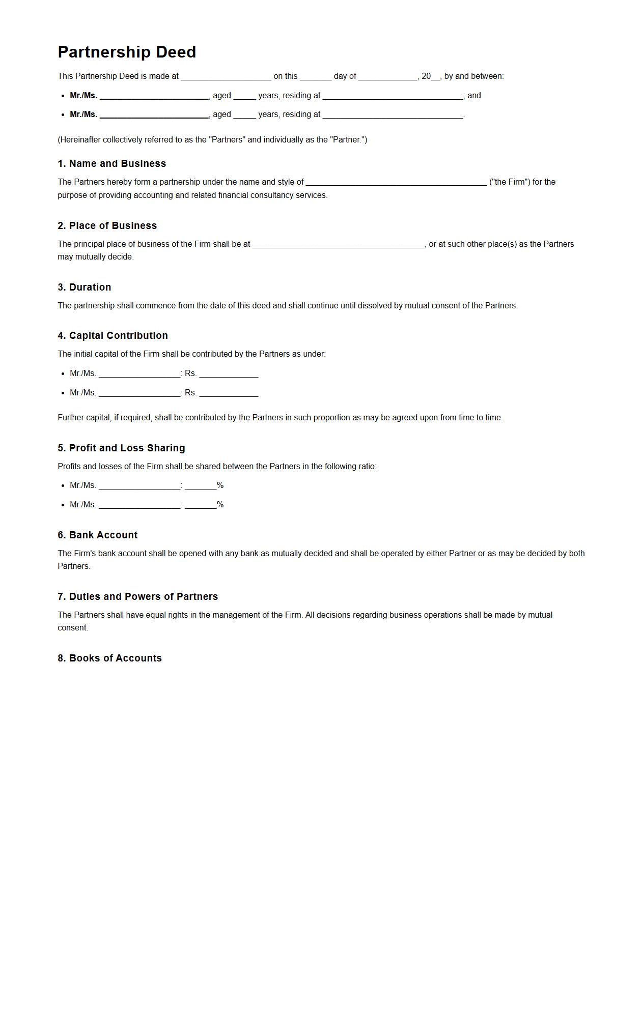 Partnership Deed for Accounting Services