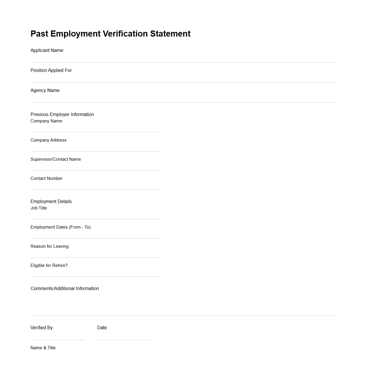 Past Employment Verification Statement for Agencies