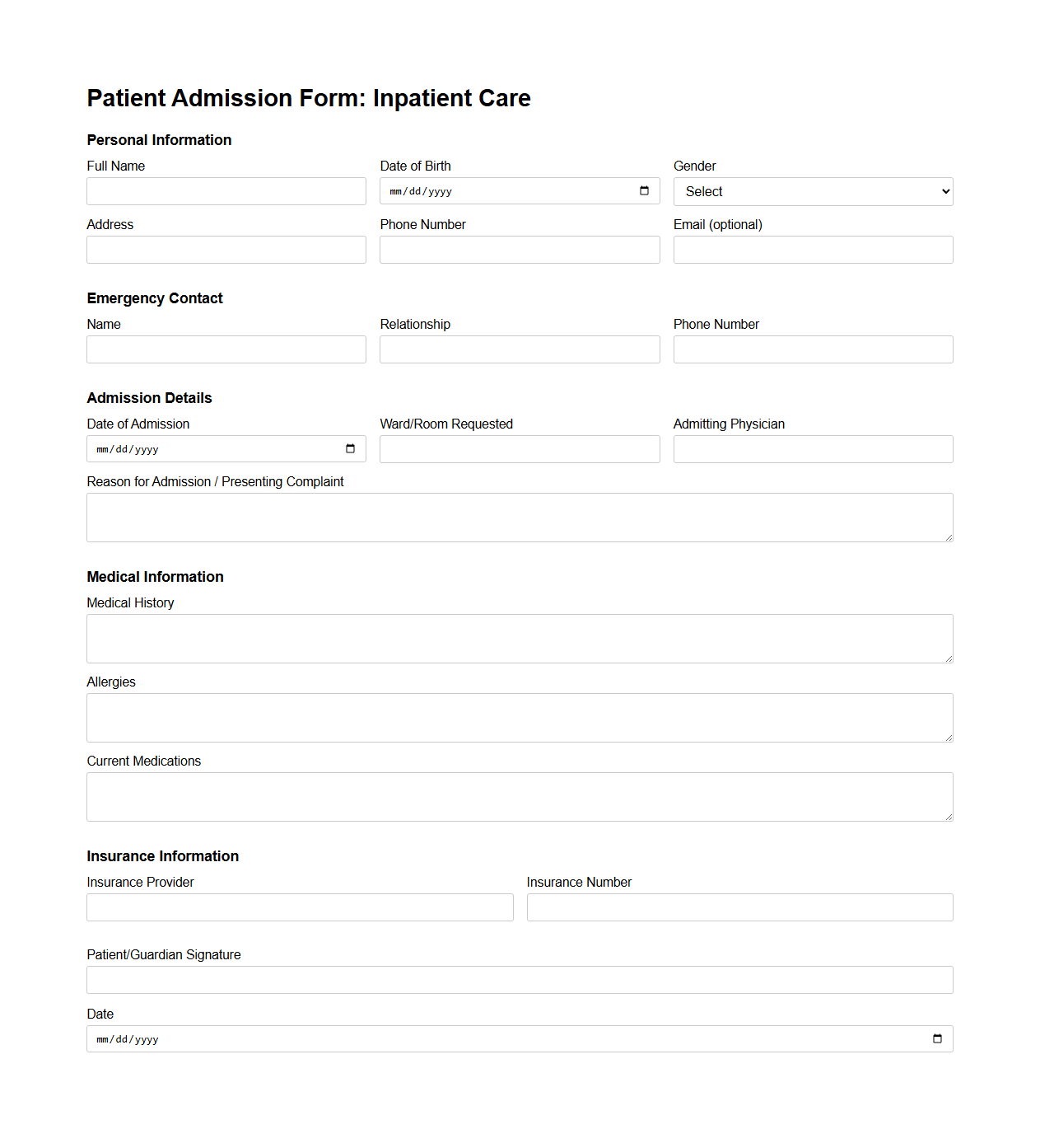 Patient Admission Form Template for Inpatient Care
