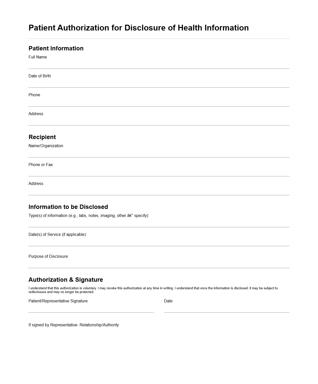 Patient Authorization for Disclosure of Health Information