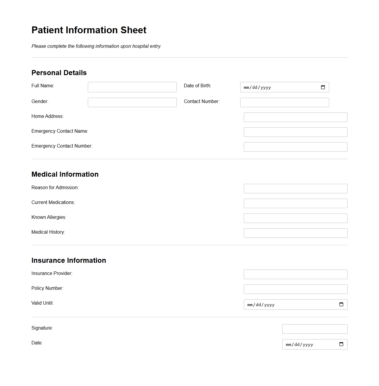 Patient Information Sheet for Hospital Entry