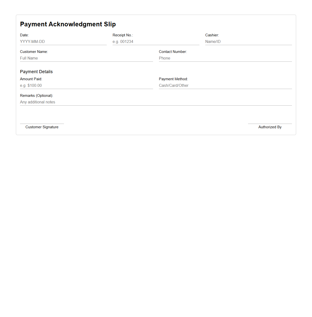 Payment Acknowledgment Slip for Retail Shop
