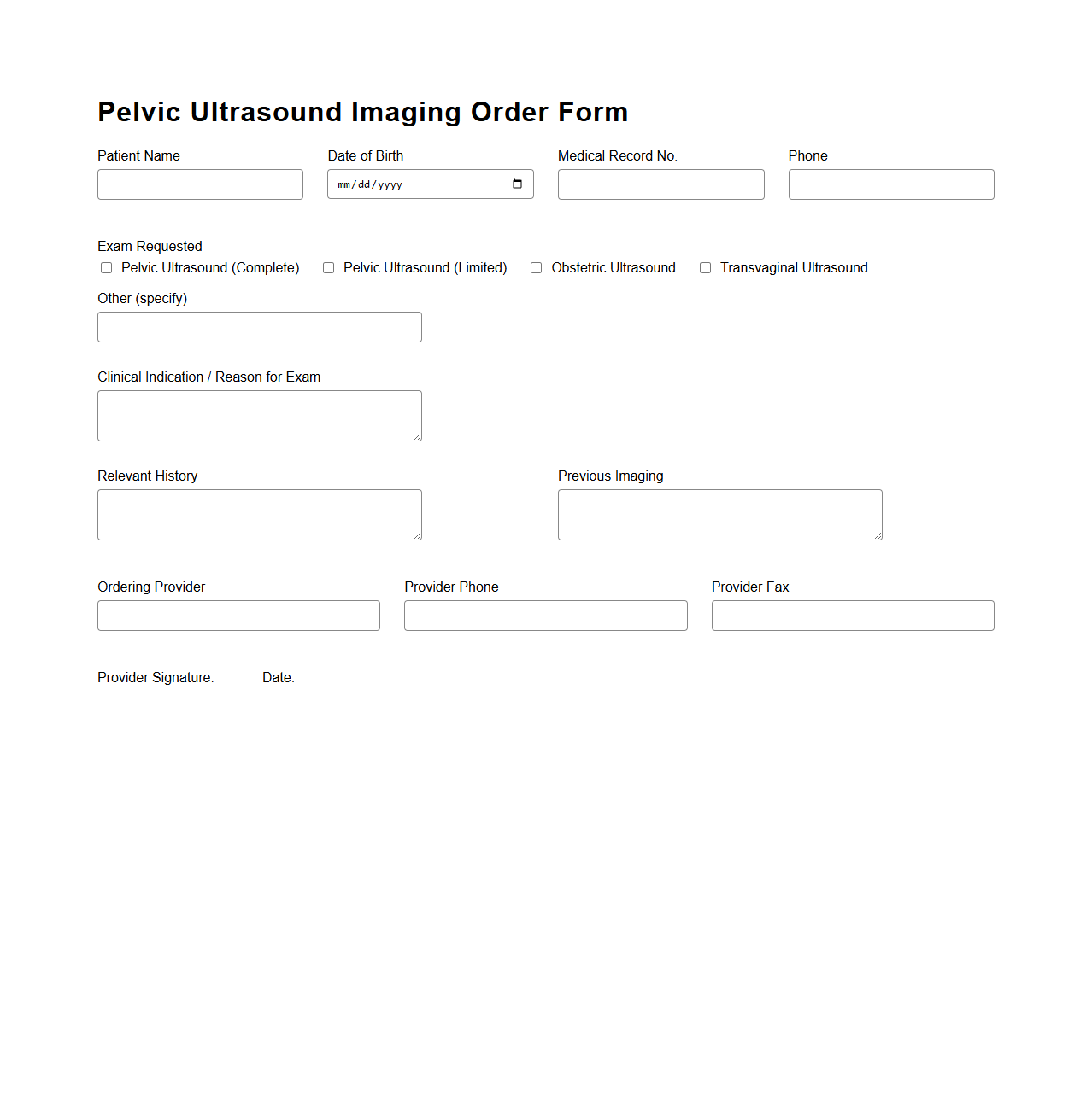Pelvic Ultrasound Imaging Order Form Sample