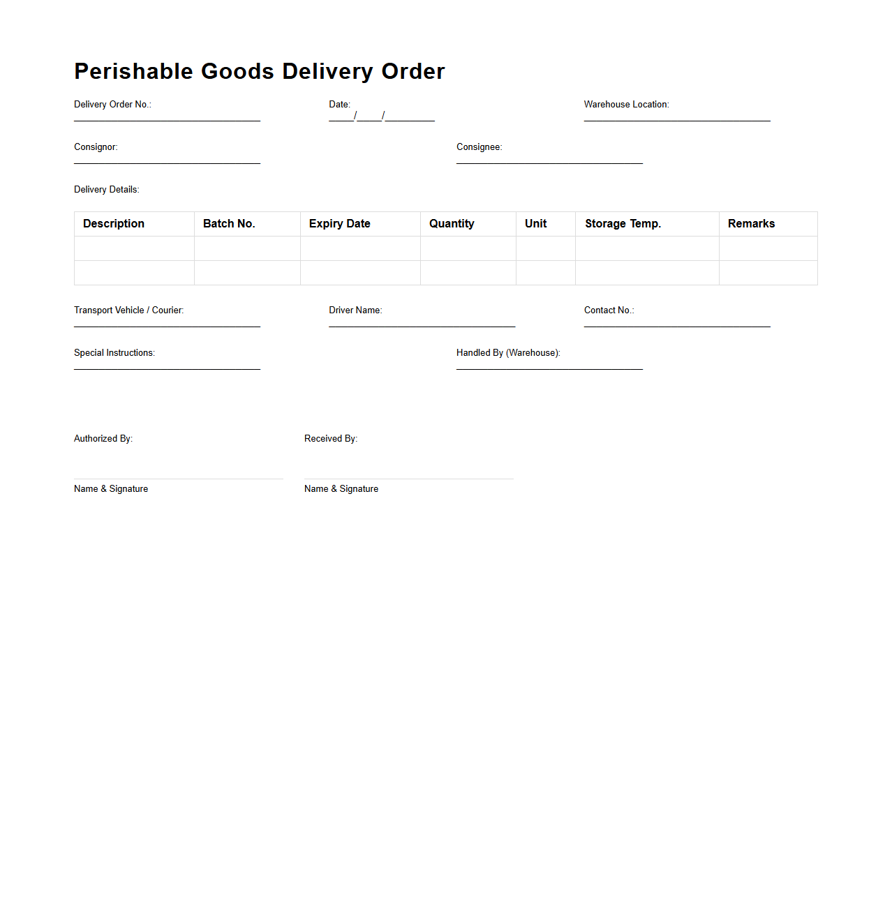Perishable Goods Delivery Order Format for Warehousing