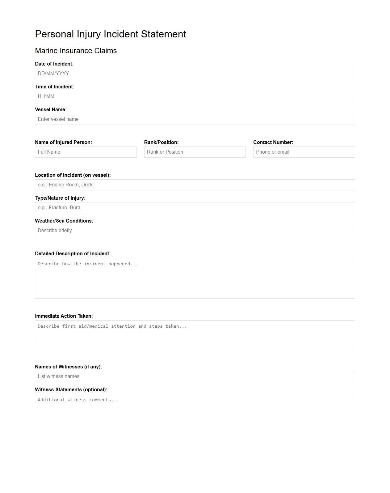 Personal Injury Incident Statement for Marine Insurance Claims