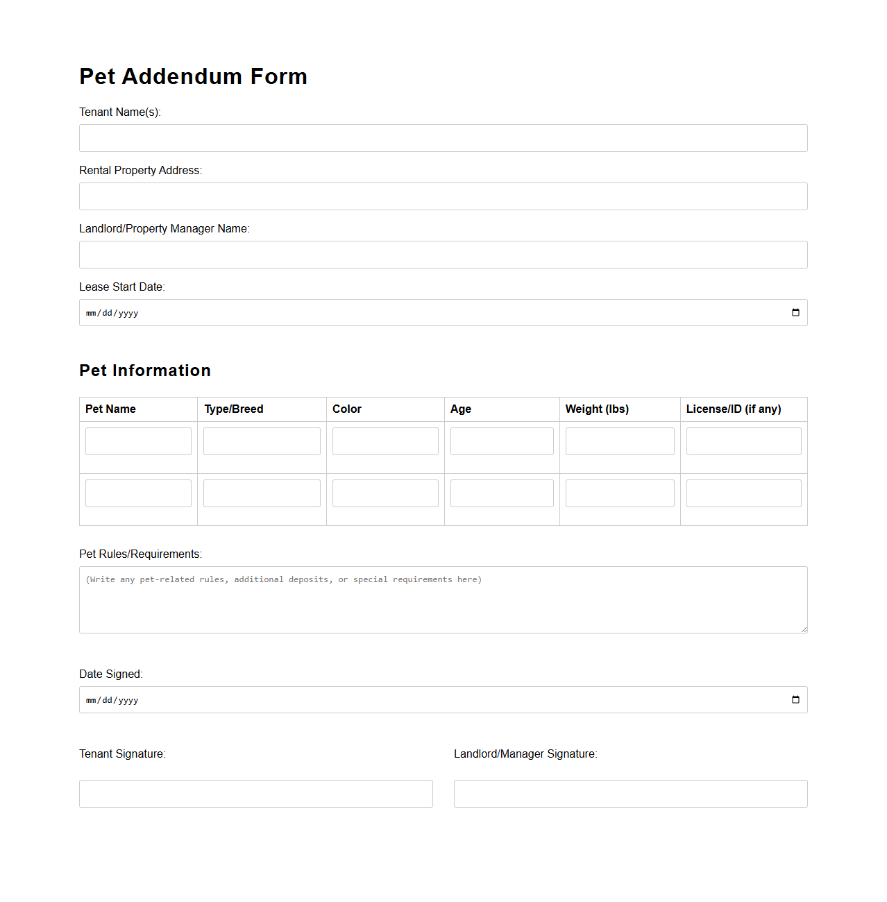Pet Addendum Form for Rental Applications