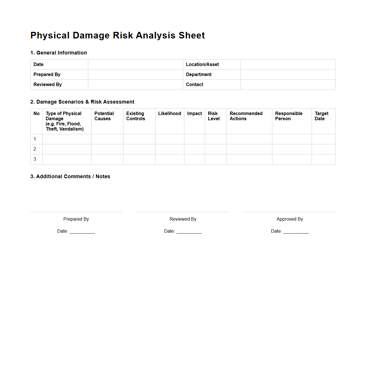 Physical Damage Risk Analysis Sheet
