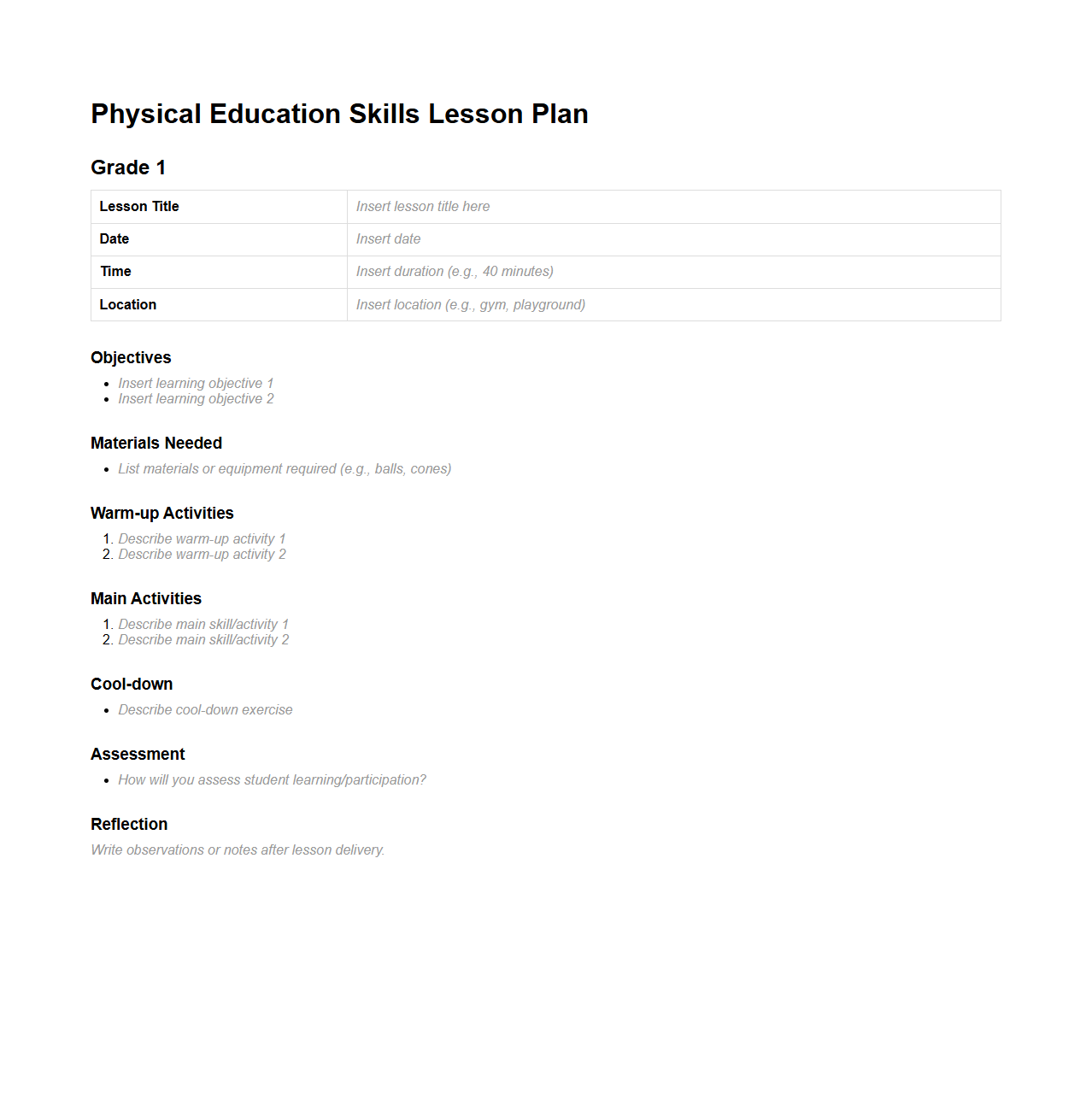 Physical Education Skills Lesson Plan for Grade 1