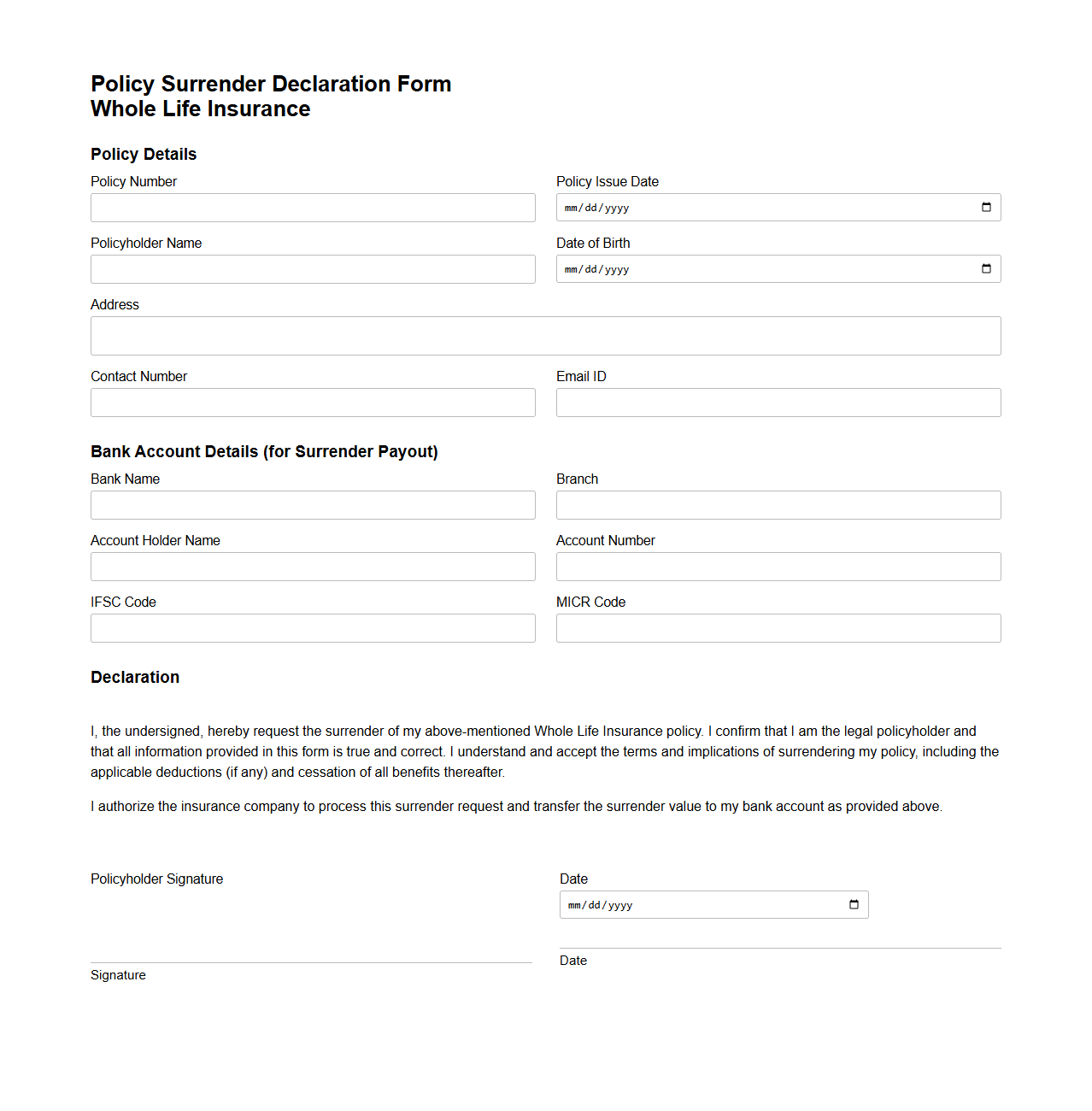 Policy Surrender Declaration Form for Whole Life Insurance