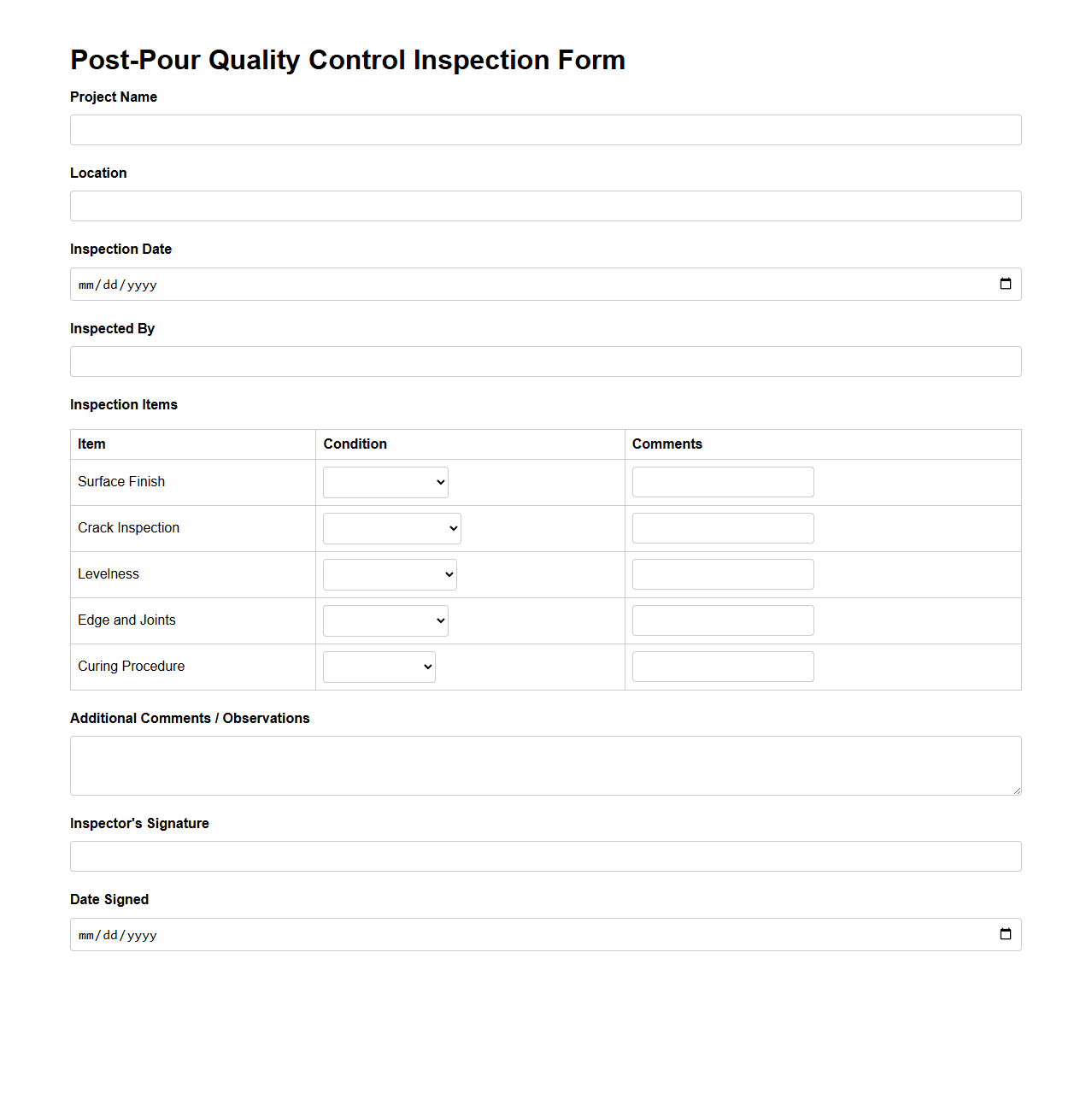 Post-Pour Quality Control Inspection Form