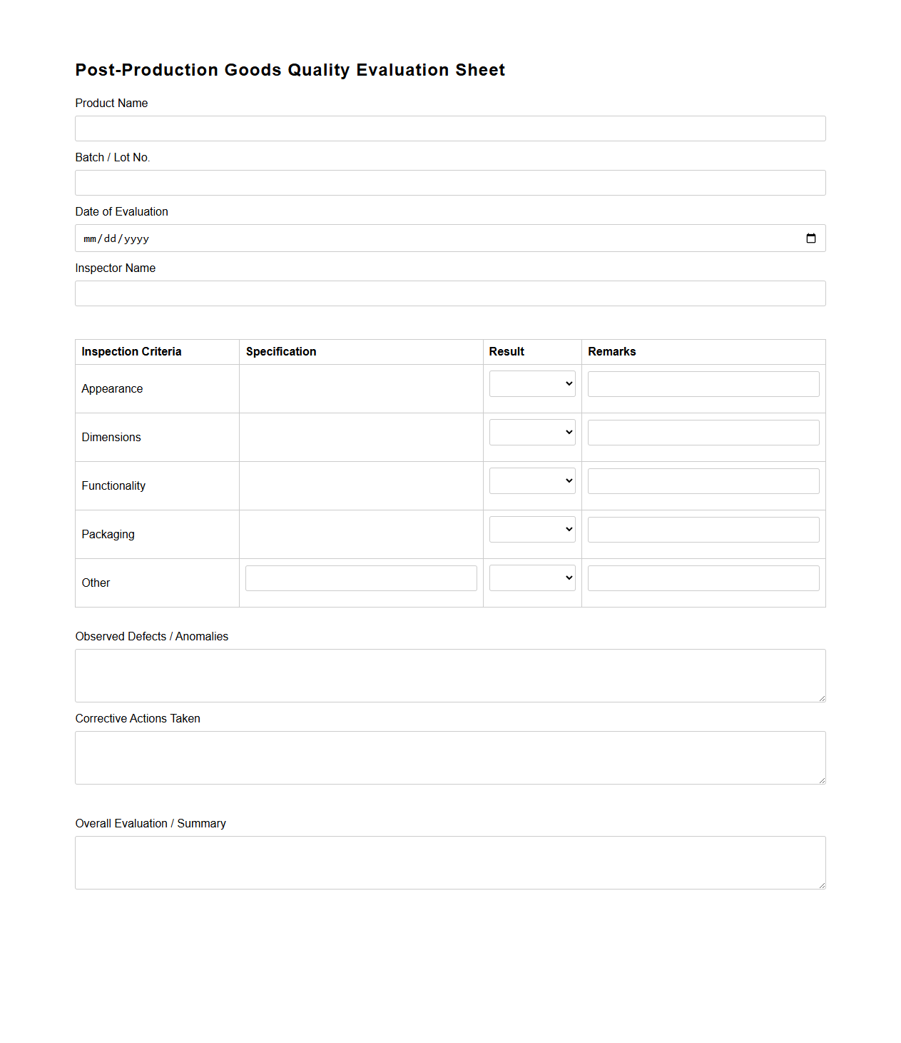 Post-Production Goods Quality Evaluation Sheet