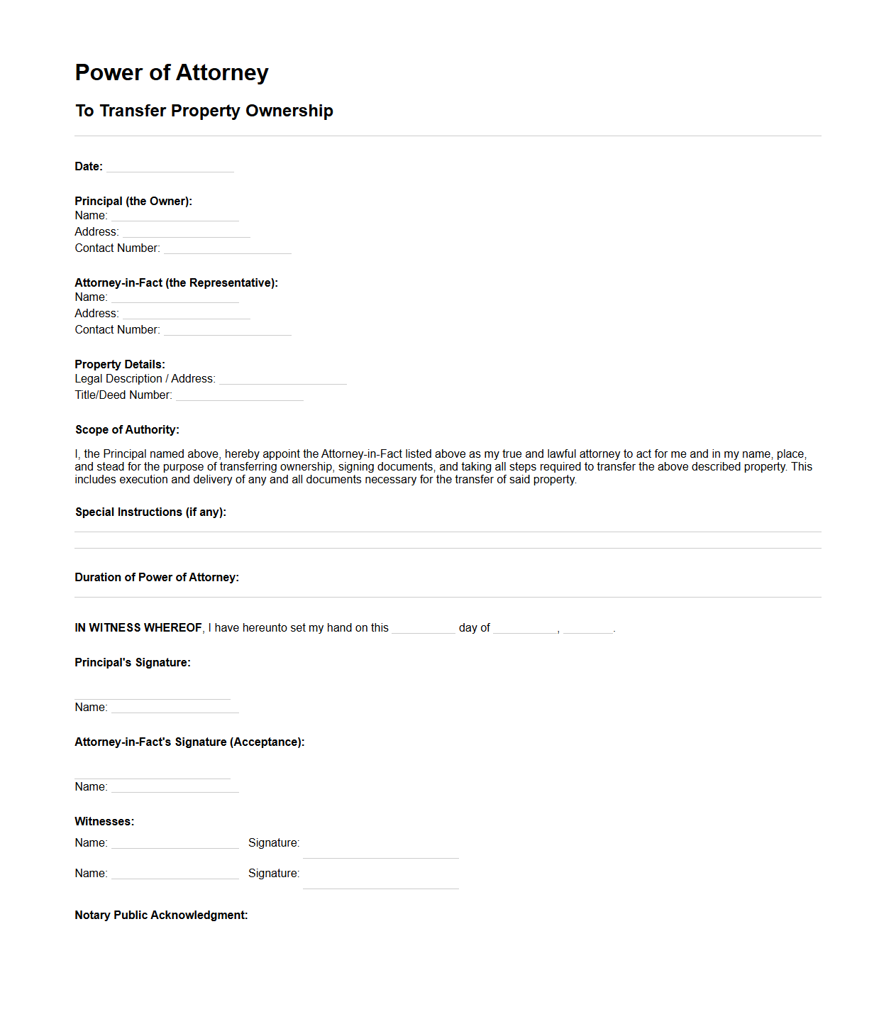 Power of Attorney to Transfer Property Ownership