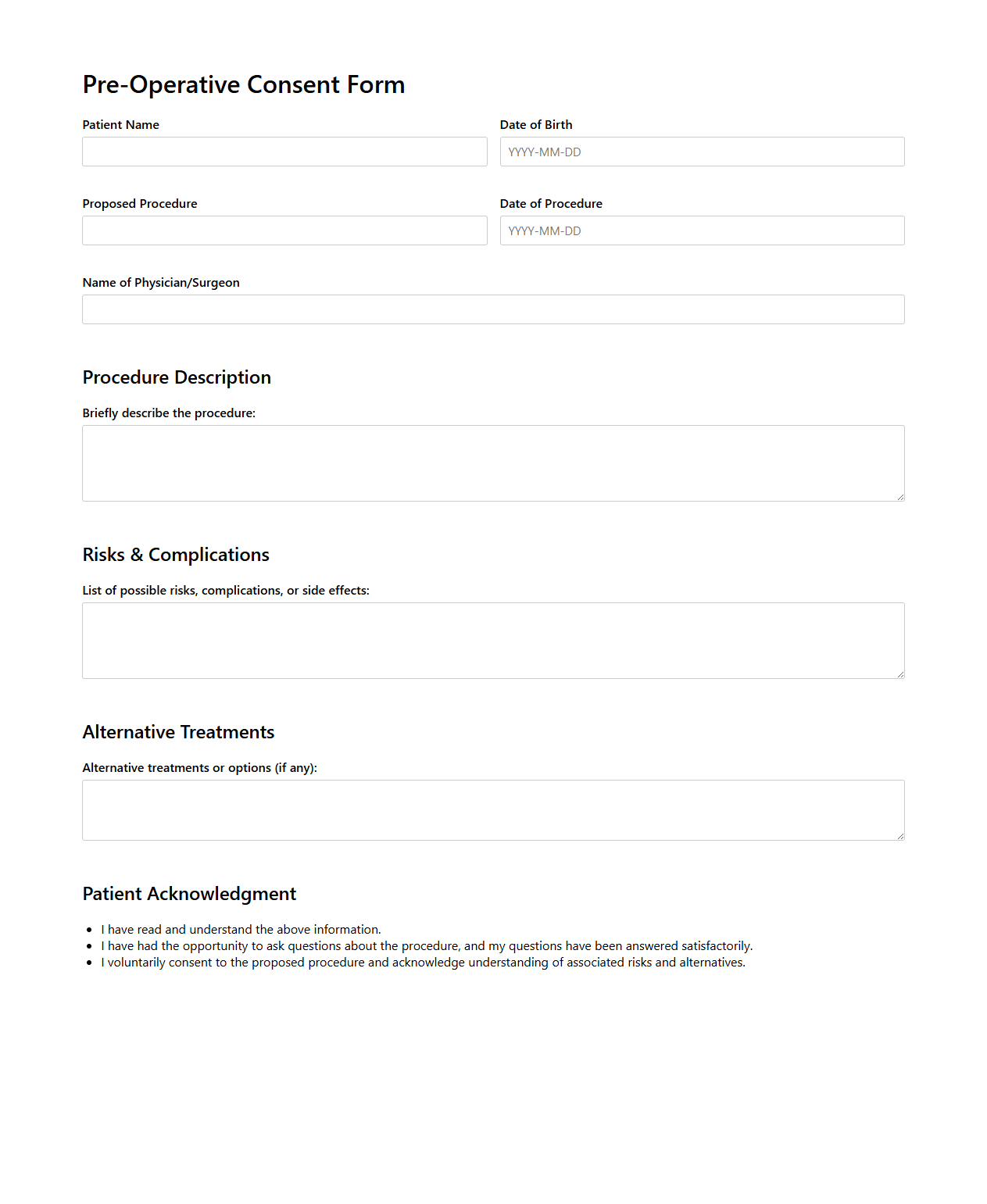 Pre-Operative Consent Form Example