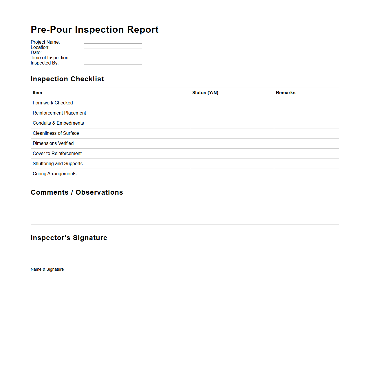 Pre-Pour Inspection Report Format