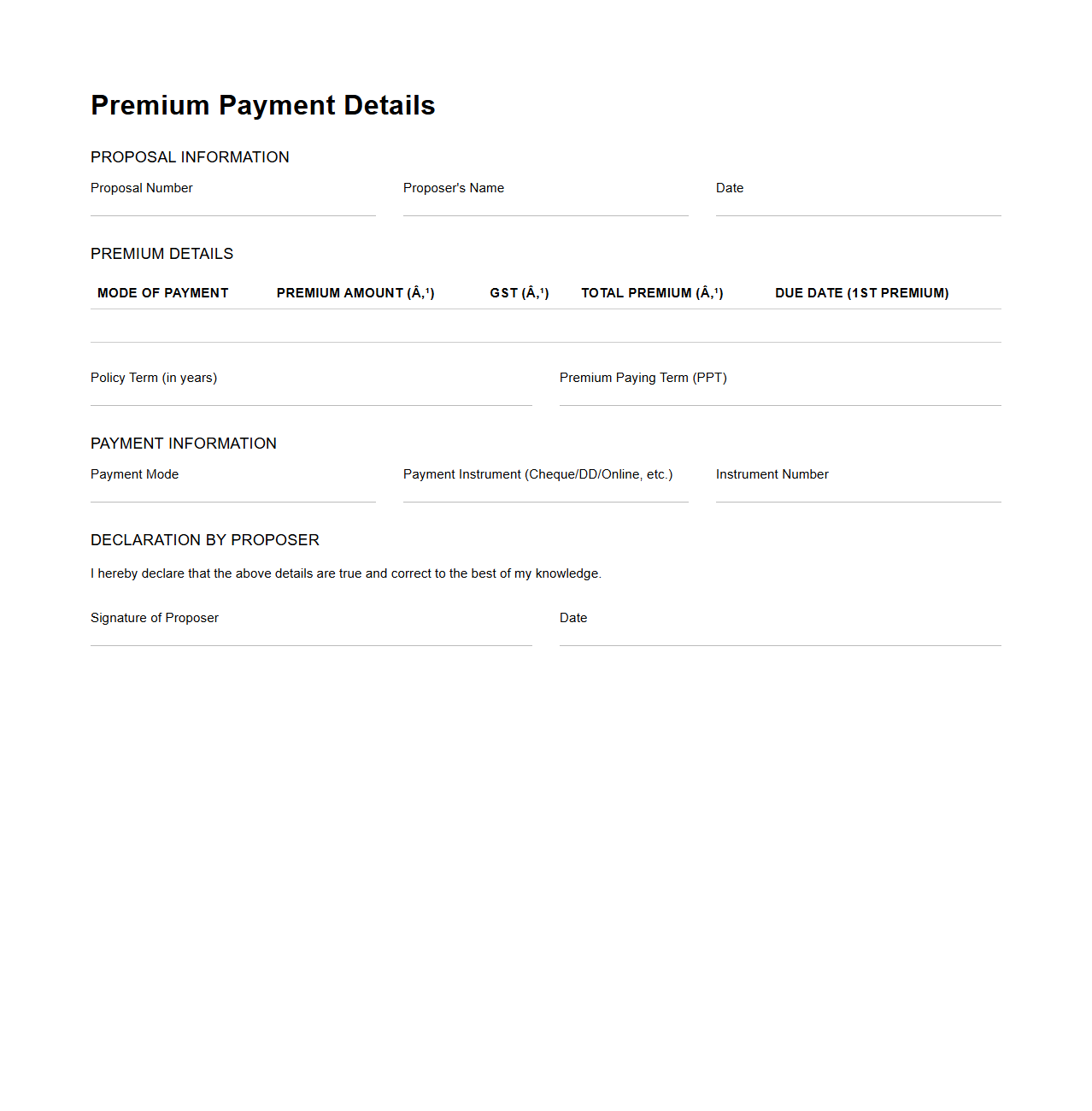 Premium Payment Details in Life Insurance Proposal