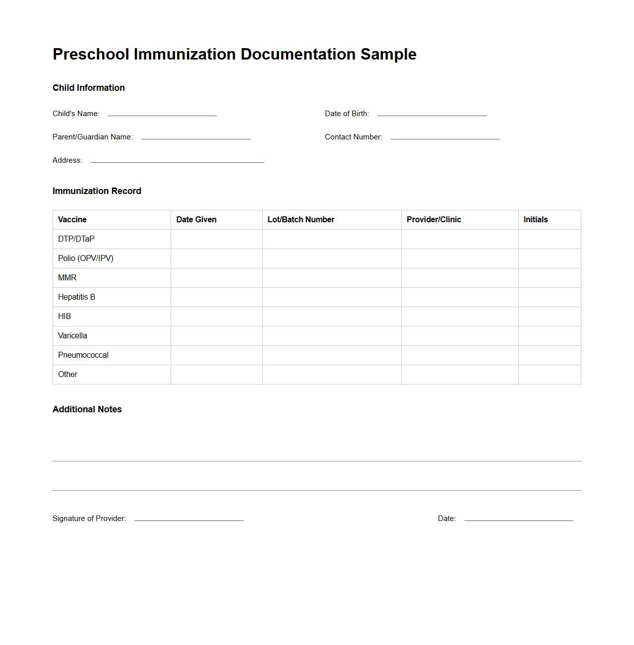 Preschool Immunization Documentation Sample