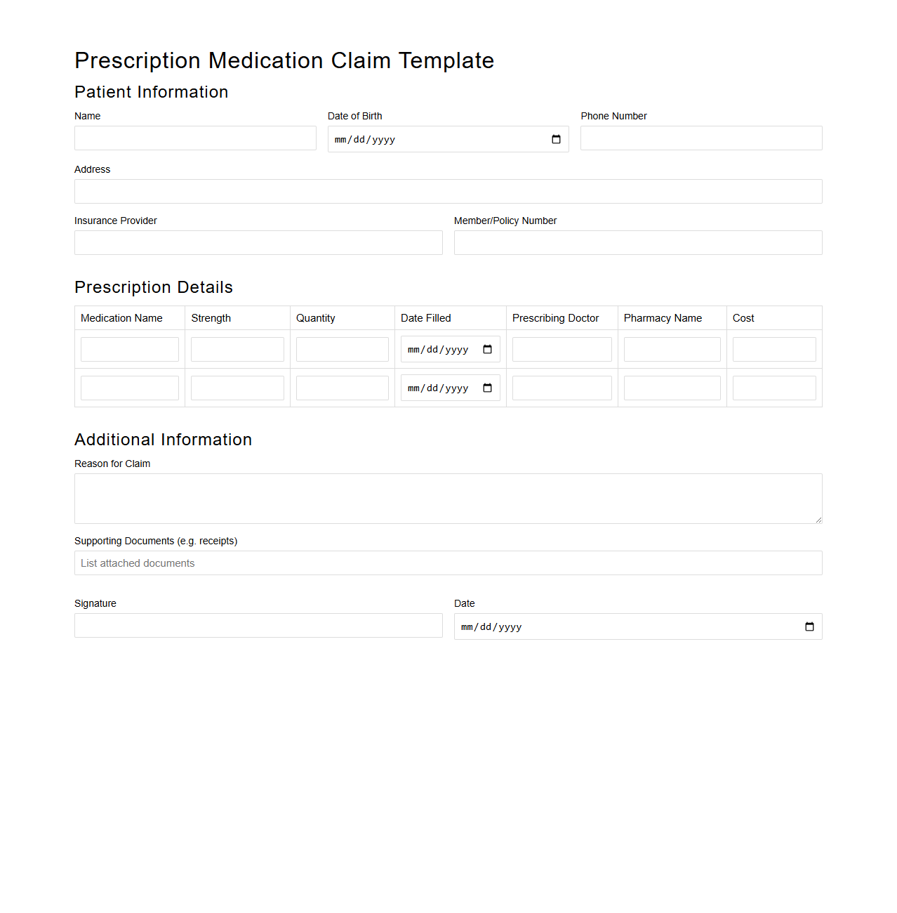 Prescription Medication Claim Template